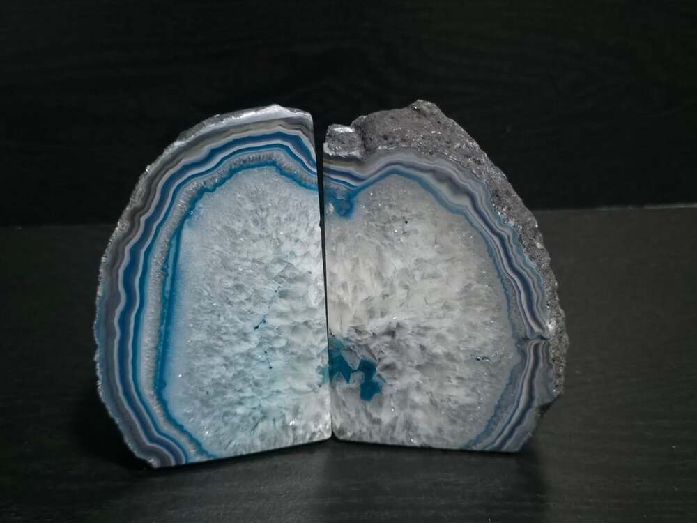 Blue Agate Geode Quartz Crystal Bookends Pair Natural Rock